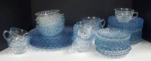 Vintage Anchor Hocking Sapphire Blue and Clear Bubble Glassware Dinnerware 49 pieces