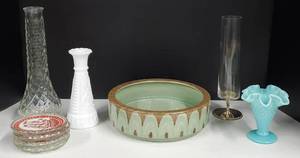 Red Wing Bowl Planter Monarch Line Gothic Green and Fenton Blue Hobnail Vase