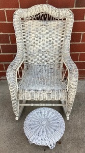 Antique White Wicker Chair and Foot Rest