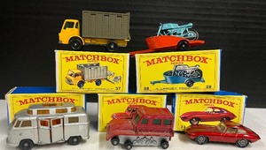 Matchbox Series Cars with Boxes a Lesney Product #32 E Type Jaguar and #s 34, 35, 38, 37