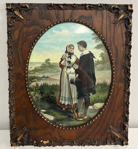 Antique Wood Frame with John Alden and Priscilla Poster Courtship by George Bouton