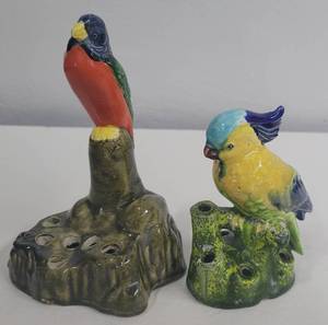 Two Flower Frogs Porcelain Birds Cockatoo Robin