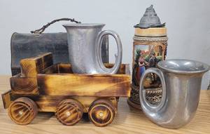 Handmade Wood Dump Truck, Vintage Lunch Box, Pewter Mugs