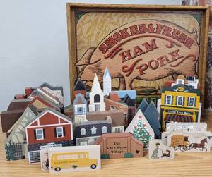 The Cats Meow Wood Village Set and Country Sausage Pig Wooden Picture