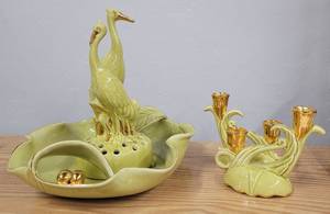 Handpainted Nor-so Flower Frog Bird Centerpiece Matching Console Bowl and Candle sticks 269 USA