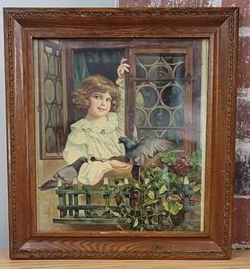 Vintage Antique Frame and Picture Girls with Flowers and Pigeons