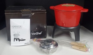 Von Shef New in Box Enamel Coated Cast Iron Fondue Set