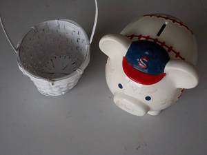 lot 7 image: Baseball Piggy Bank and Wicker Basket