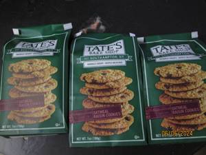 lot 73 image: 3 bags of tates bake shope oatmeal raisin cookies 7 oz bags best buy date of april 2024