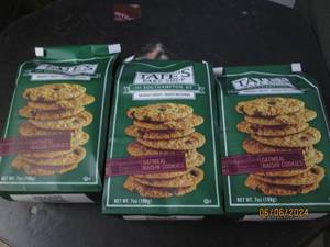 lot 74 image: 3 bags of tates bake shope oatmeal raisin cookies 7 oz bags best buy date of april 2024