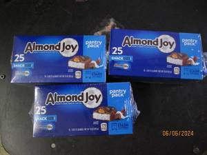 lot 119 image: 3 packages of 256oz pantry pack almond joys best buy date of 12024