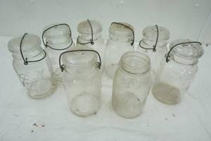 lot 3 image: 8 Vintage Canning Jars and Covers (missing one cover)