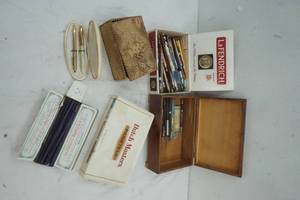 lot 6 image: Cigar box with pen advertisements, Wood box with pens, Vintage Sheaffers pen set and more