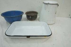 lot 21 image: Enamel Bowls, pan and Tea Pot