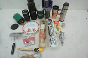 lot 22 image: New Mug, Drinking Containers, Cup Sleeves, Wine opener, silverware, clothespins and more