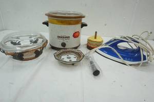 lot 26 image: Pyrex BowlCover with basket, crock-pot, iron, and more