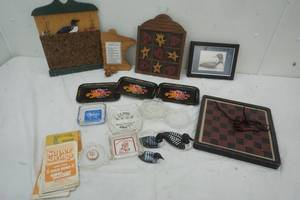 lot 31 image: Vintage Stamps, Loon Figures, 3 Little Flower Tins, and more
