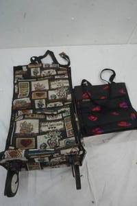 lot 39 image: Red Hat handbag and a Home Sweet Home bag on wheels