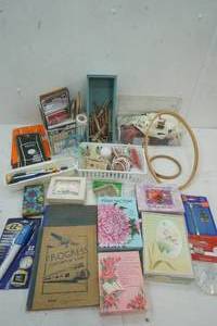 lot 43 image: Cross Stitching Material, Stationary, glue guns, clothespins, and more