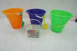 lot 47 image: New Outside Chalk, & Three sand Pails with two shovels