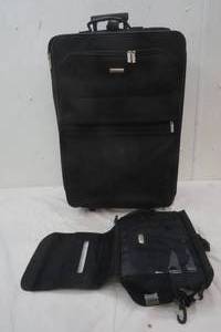 lot 65 image: Lucas Luggage on wheels and a Ameno travel bag, (holds a box of kleenex on top