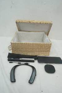 lot 77 image: New Wicker Square Basket with Cover, Two phone charging stations, Doltech EarMicrophone phone accessory