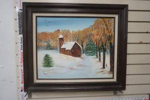 lot 84 image: Framed Winter Farm Landscape Signed