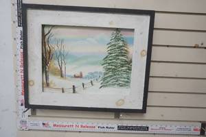 lot 87 image: Framed Winter Farm Landscape In Wood BlueWhite Frame