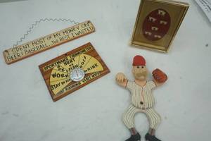 lot 105 image: Framed Bowling Pins, Sportsmans Thermometer, baseball decor