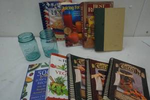 lot 112 image: Variety of Canning, Cook and drink books with two ball glass canning jars