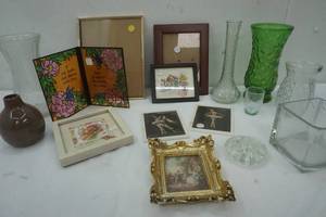 lot 114 image: Variety of Mini Antique Pictures, Shot Glass, glass vases, Frog, Square vase