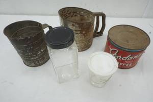 lot 118 image: Vintage Tin, Sifter, Glass Container