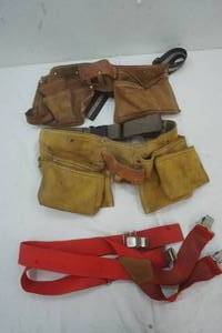 lot 149 image: Two Work Tool Belts with Pouches and red suspenders