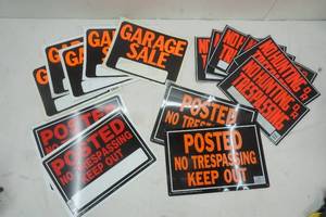 lot 151 image: Variety of Signs, NO Hunting or trespassing, Garage Sale, Posted No Trespassing signs