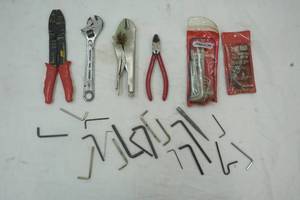 lot 181 image: Hand Tools, wire stripper, vise clamp, crescent wrench, Hex wrenches
