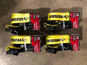 lot 40 image: Lot of 4 Husky 2 in. x 27 ft. Heavy-Duty Ratchet Tie-Down Strap with Flat Hooks   Customer Returns See Pictures
