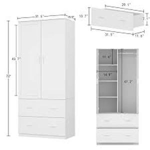 lot 32 image: White 2-Door Armoires with Mirror, Hanging Rod, 2-Drawers and Storage Shelves( 18.9 in. D x 31.5 in. W x 72 in. H)