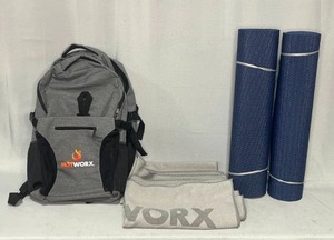 lot 47 image: Lot of Hotworx Yoga Equipment - 2 Backpacks, 2 Towels & 2 Mats & 2 Thermal Tall Mugs