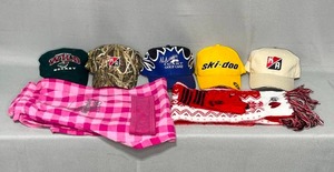 lot 52 image: 5 Adjustable Caps, SZ L Pajama Pants, Winter Headband, Scarf & Mittens