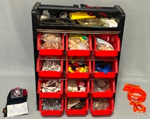 lot 54 image: Bin Organizer Filled w Misc Hardware, Set of Cable Cuffs, Compass & More