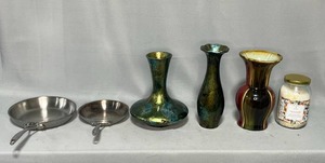 lot 59 image: 2 Calphalon Cooking Pans, Jar of Greek Orange Detox Bath Minerals, 3 Beautiful Decorative Vases (one chipped but not visible from front)