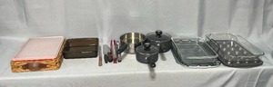 lot 65 image: 8x12 Covered Plastic Storage in Basket, Assorted Metal & Glass Cookware & Baking TraysPans, Tongs & Misc Utensils
