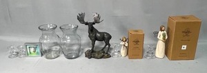 lot 67 image: 2 Willow Tree Welcoming Angels w Orig Boxes, 2 Glass Vases, 2 Pair Glass Candle Holders, Moose Figurine