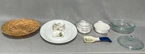 lot 72 image: Glass Covered Casserole, Olive Oil Dippers, Basket, Covered Dishes, Cat Spoon Holder, ETC