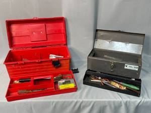 lot 75 image: 2 Old Tool Boxes w Assortment of Old Tools & Hardware