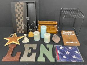 lot 84 image: Home Decor Lot and American Flag - Dark Wood Desk Organizer, 3 Candles, Decorative Thin Storage Box, Decorative Letters L E N, Second Nature Design Quarry Critters Pashmina and Peep, Wooden Star and More