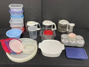 lot 85 image: Various Kitchenware inc. 3 Coffee Pots, Cupcake Tins, Large Variety of Used Food Storage Containers (inc. 1 Pyrex and 1 Corningware)