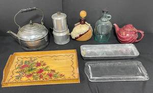 lot 87 image: VTG Kitchenware and Homeware Lot inc. Wooden Tray, Metal Tray, Kettle, Coffee Percolator, Glass Jug and More