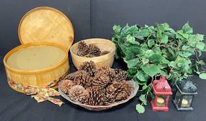 lot 88 image: Home Decor - Faux Plant, 2 Tea Light Candle Lanterns, Baskets of Pine Cones and Round Wooden Storage Box w Inserts