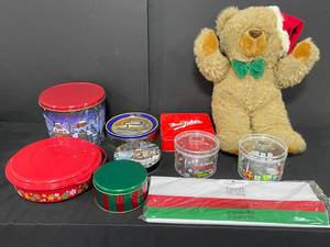 lot 91 image: Fun Variety of Holiday Tins, Containers, Wrapping Paper and Stuffed Bear w Santa Hat